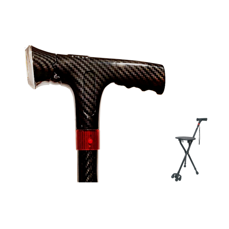 AgeGracefully Carbon Fiber Seat Cane with Quad Base Essential Handle with Manual Alarm