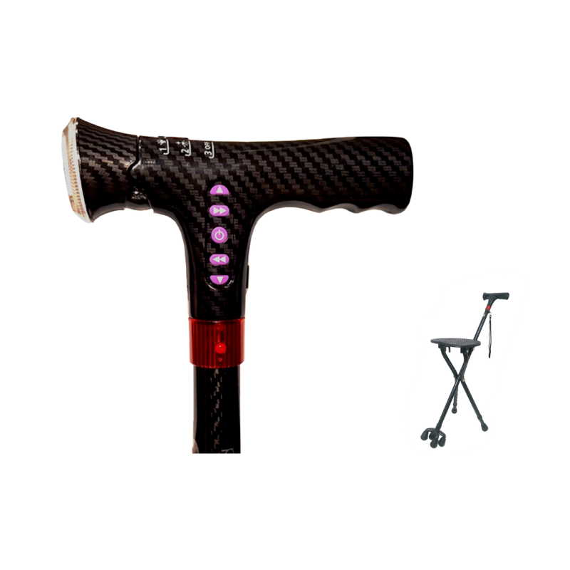 AgeGracefully Carbon Fiber Seat Cane with Quad Base MP3 Auto Alarm Handle