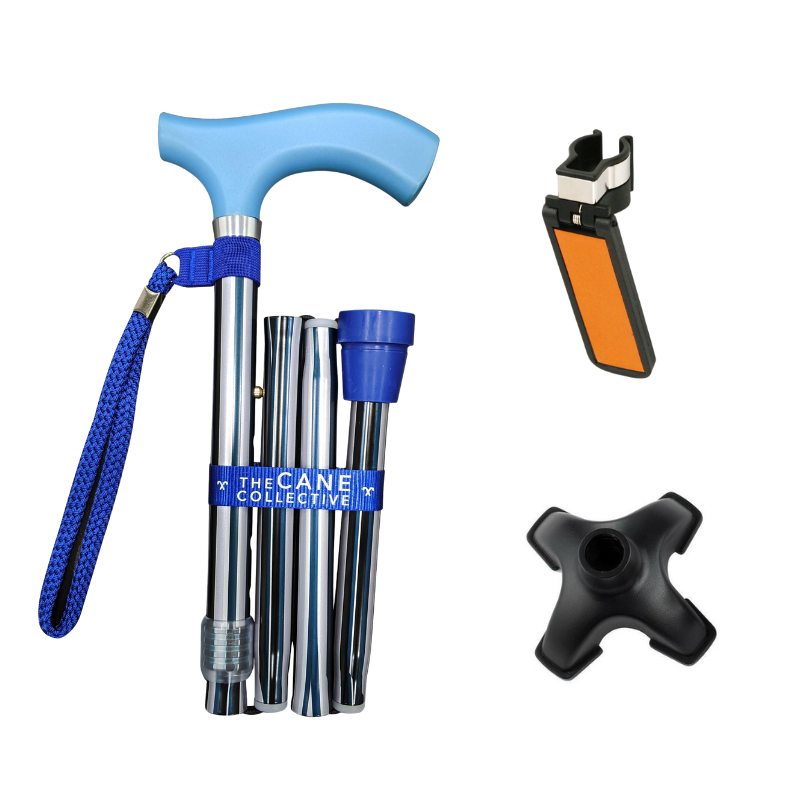Blue Island Cane by The Cane Collective Yes (with Reflective Cane Holder & SkyMed Quad Tip)