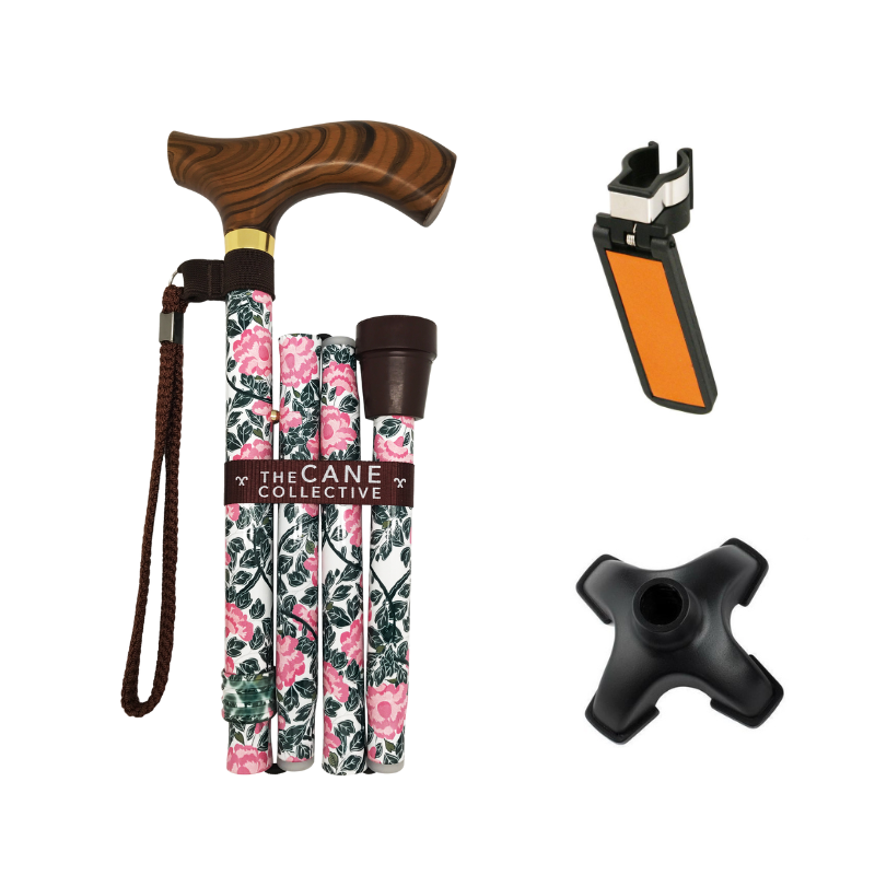 Morning Peonies Cane by The Cane Collective Yes (with Reflective Cane Holder & SkyMed Quad Tip)