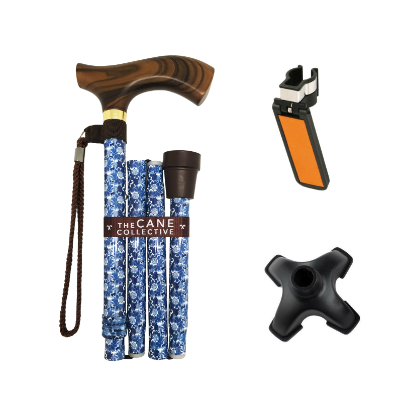 Oriental Blue Cane by The Cane Collective Yes (with Reflective Cane Holder & SkyMed Quad Tip)