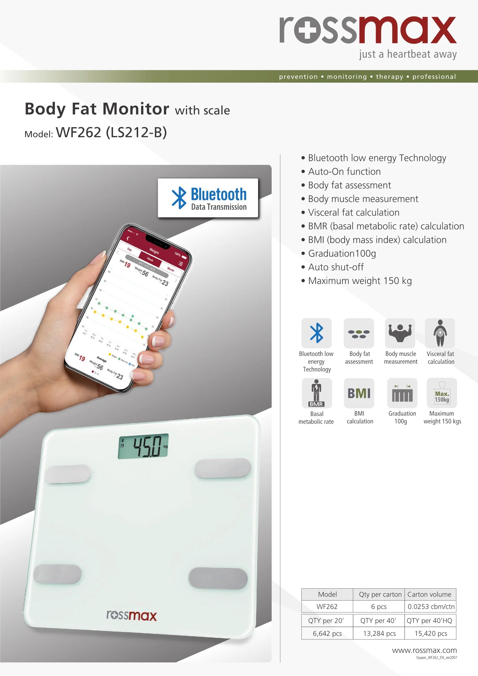 Rossmax BMI Body Fat Monitor Weighing Scale with Bluetooth App WF262