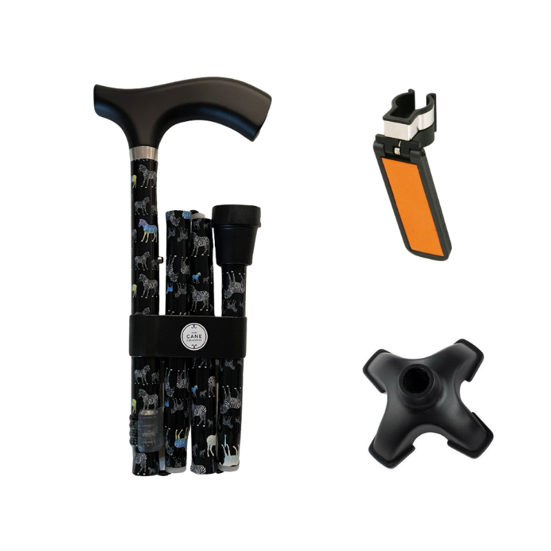 Zebras Crossing Cane by The Cane Collective Yes (with Reflective Cane Holder & SkyMed Quad Tip)