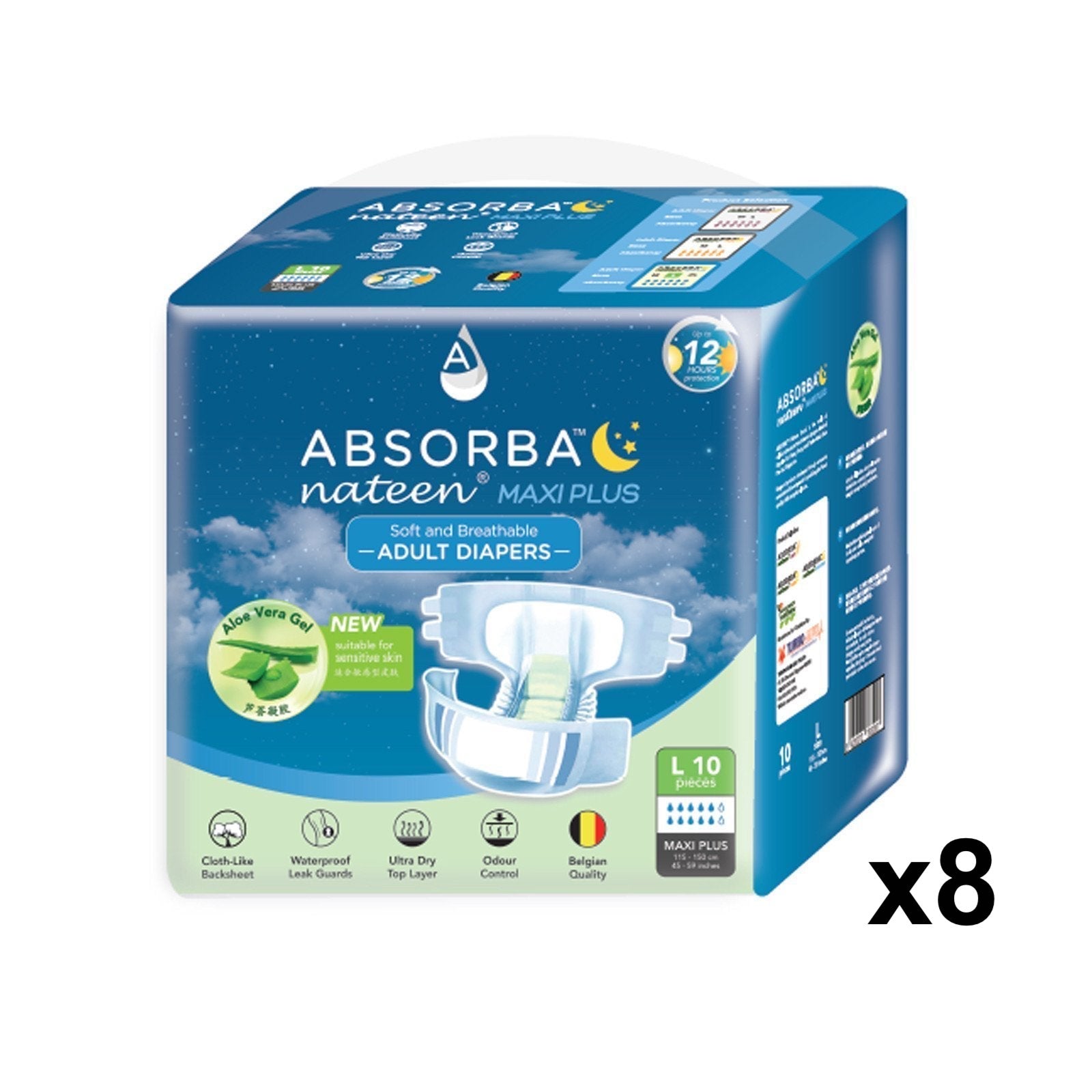 ABSORBA Nateen (Maxi Plus) Adult Diapers (10s) L - Carton (8 bags)