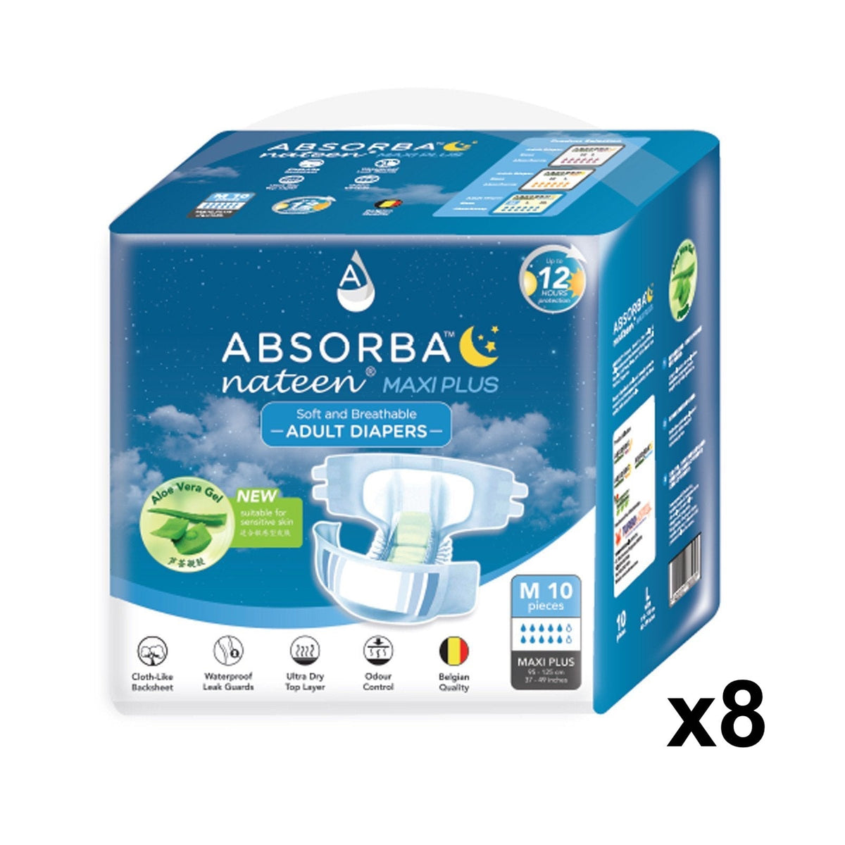 ABSORBA Nateen (Maxi Plus) Adult Diapers (10s) M - Carton (8 bags)