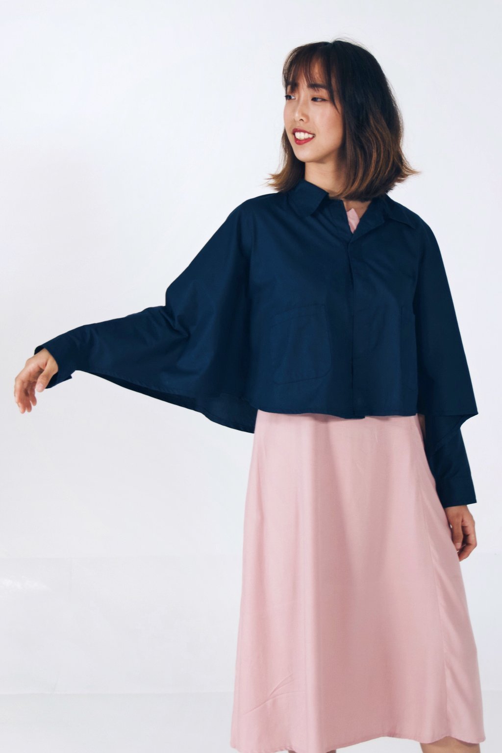 Will & Well Cropped Cape With Magnetic Snap Buttons Navy Blue